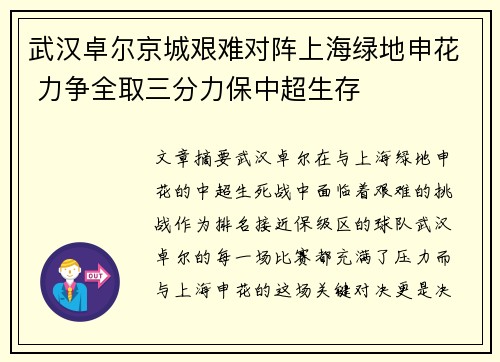 武汉卓尔京城艰难对阵上海绿地申花 力争全取三分力保中超生存