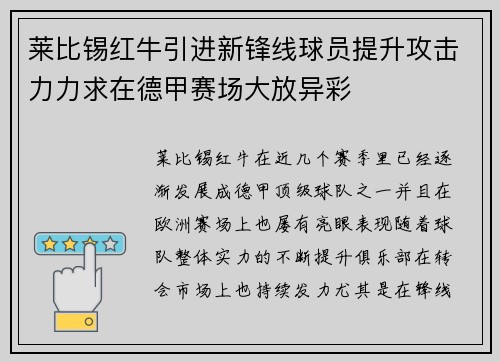 莱比锡红牛引进新锋线球员提升攻击力力求在德甲赛场大放异彩