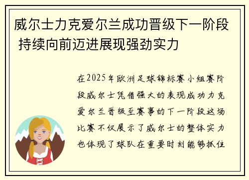 威尔士力克爱尔兰成功晋级下一阶段 持续向前迈进展现强劲实力